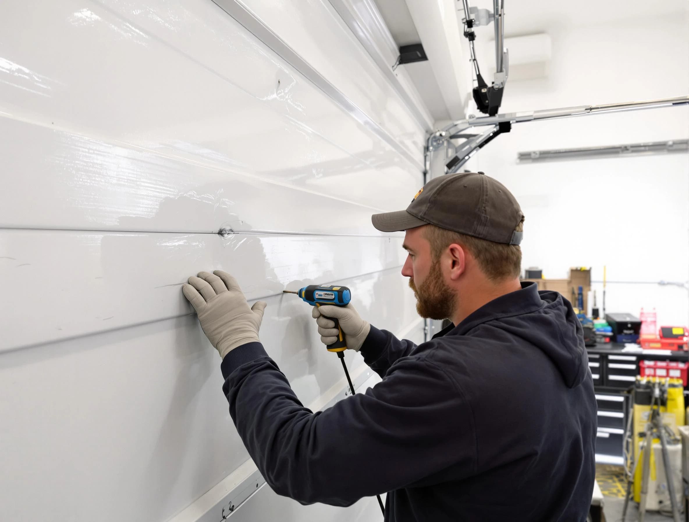 Linden Garage Door Repair technician demonstrating precision dent removal techniques on a Linden garage door