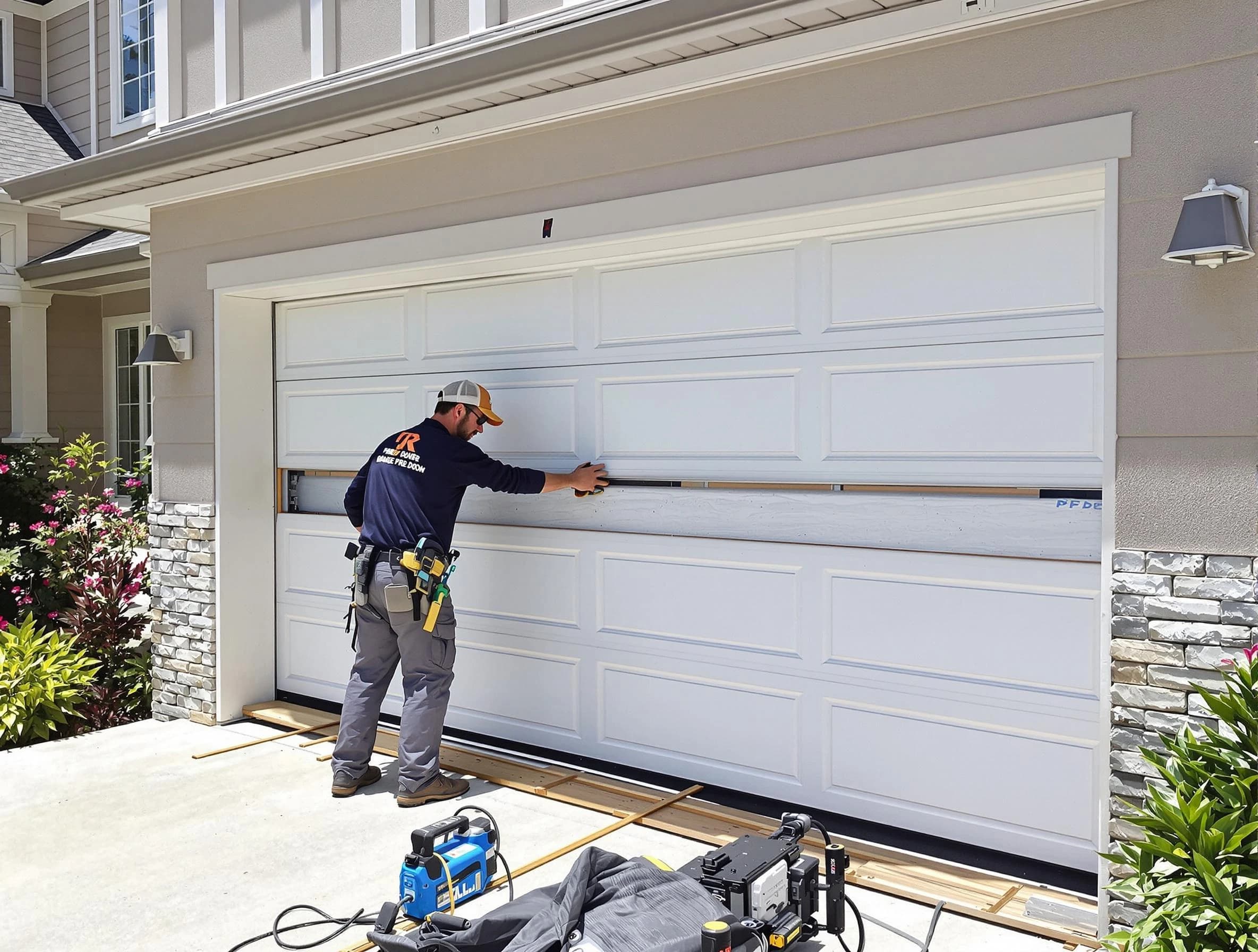 Linden Garage Door Repair team performing complete garage door replacement at Linden residence