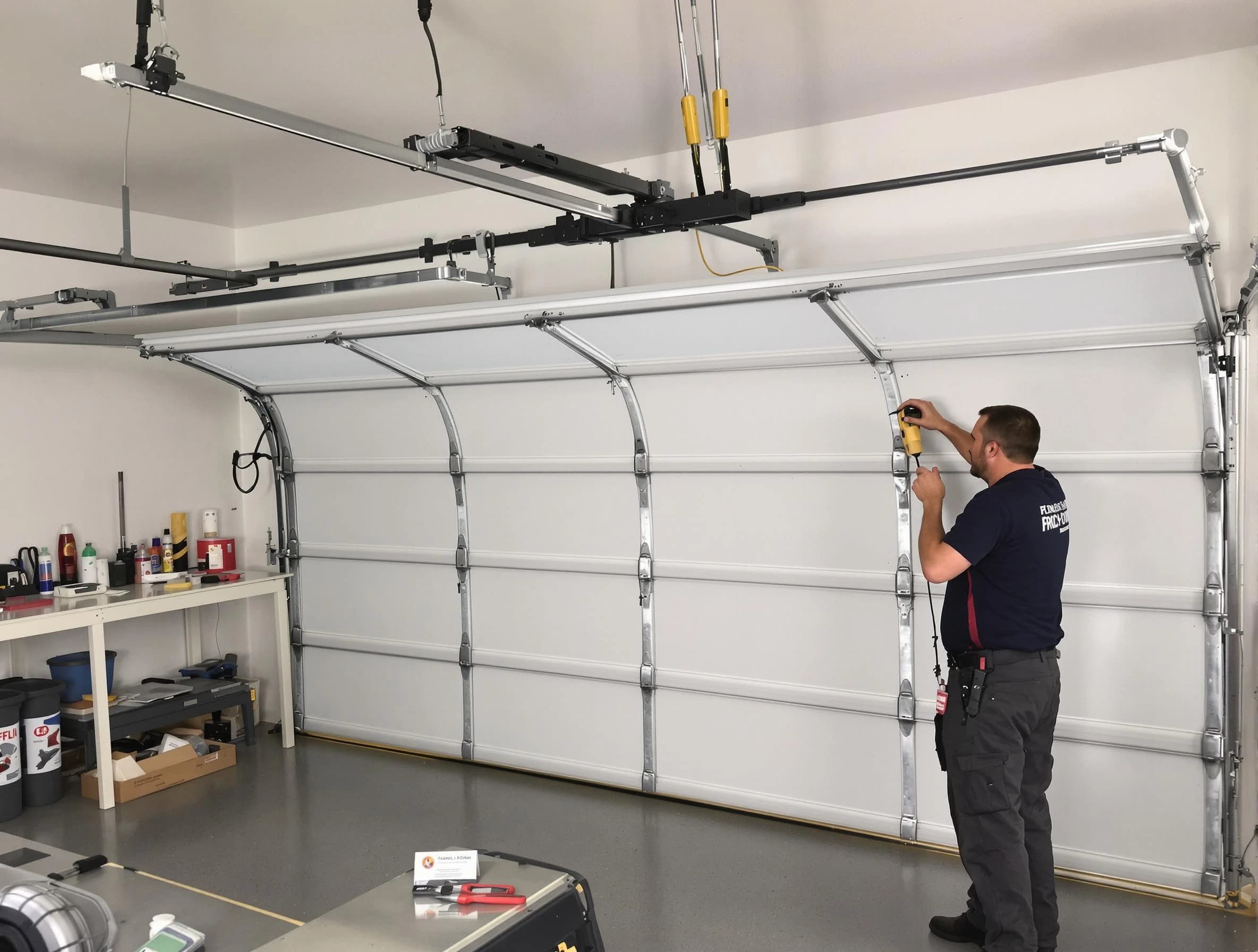 Linden Garage Door Repair certified technician performing overhead door system repair in Linden